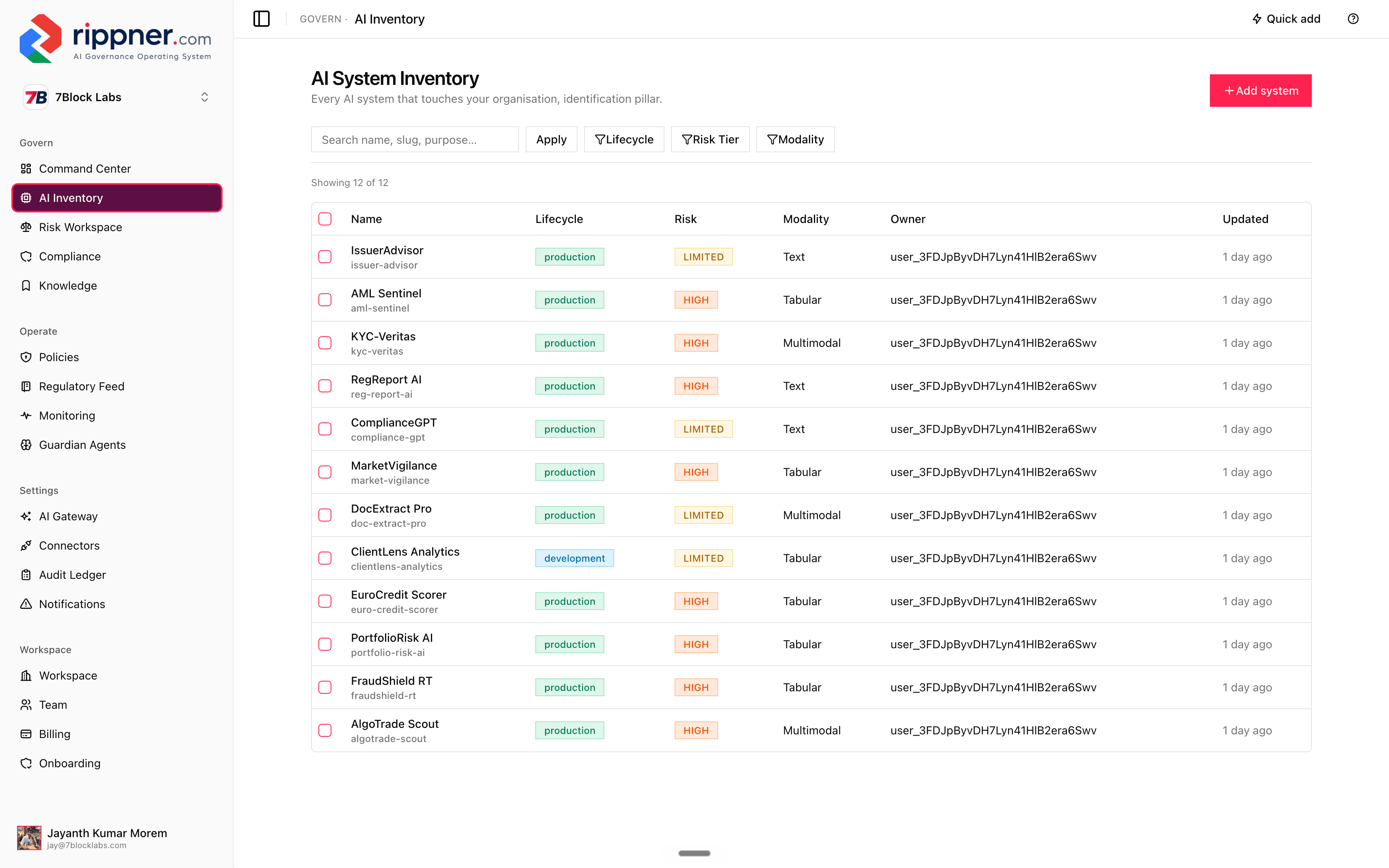 AI inventory, model registry and system list
